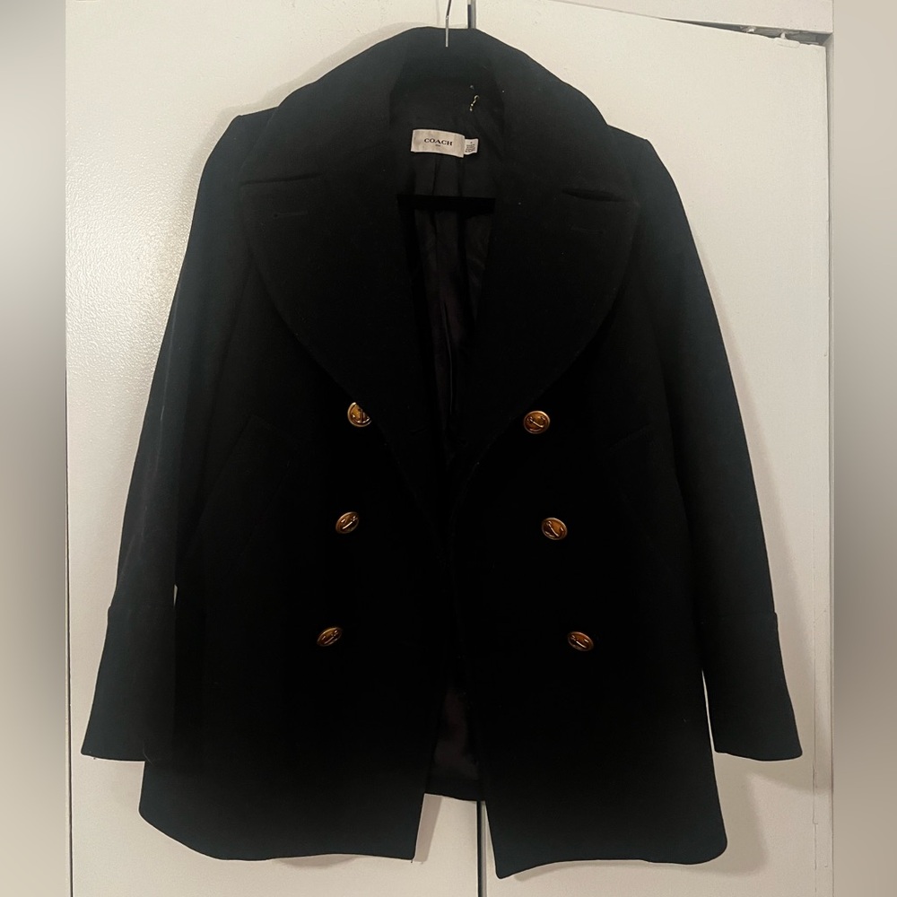 Coach Black and Gold Button Wool Pea Coat